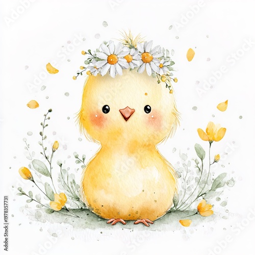 A small yellow chick stands in a garden. It has a crown of white flowers on its head. The chick is surrounded by green leaves and yellow flowers. Sunlight shines down, creating a cheerful scene