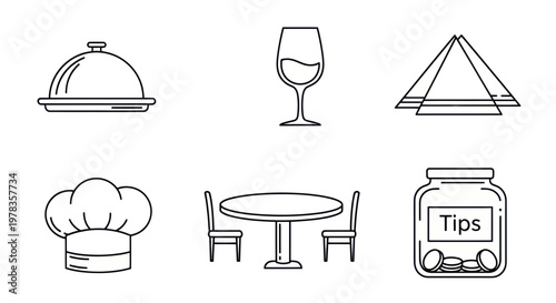 Restaurant Icons: Food Cloche, Wine Glass, Napkins, Chef Hat, Table, and Tip Jar