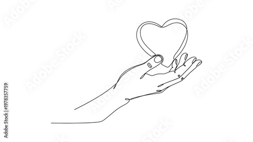 A hand holding a heart outline. Continuous line style. Hand drawn. Line art. Vector design. illustrations