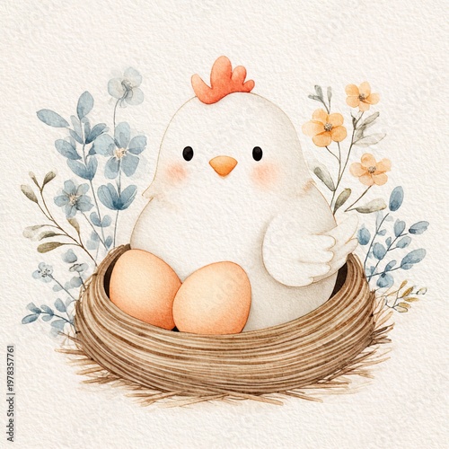 A cartoon chicken sits in a cozy nest with two eggs. It is surrounded by small flowers and green leaves. This scene shows a simple moment in nature, full of colors and cheerfulness
