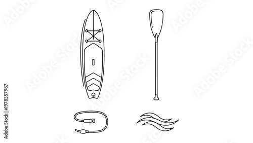 Stand-up Paddleboard Essentials: Minimalist illustration of a stand-up paddleboard, accompanied by a paddle, a coiled leash, and abstract water wave.