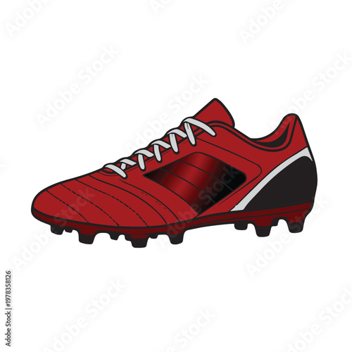 A modern vector design of football shoes in red and black tones, highlighting sharp lines and sporty elements that create a powerful and energetic athletic appearance.