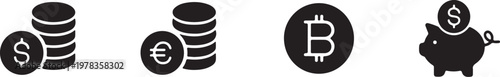 Vector graphic illustration of various currency and bitcoin symbols with piggy bank design elements