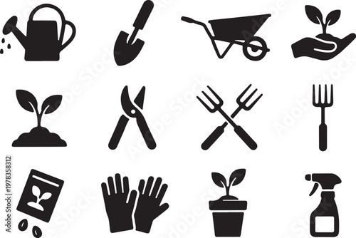 Vector graphic illustration of gardening tools and plant care icons in black on white background