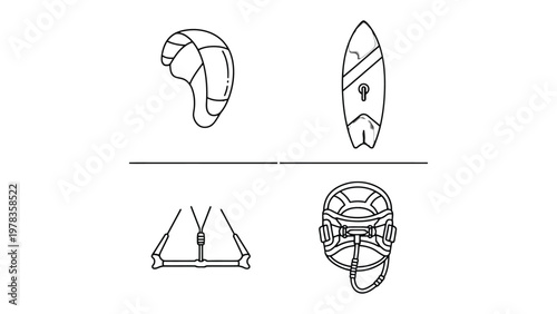 Kitesurfing Essentials: Illustration of kite, surfboard, harness, and control bar, essential elements for the kitesurfing sport.