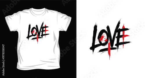 A white t-shirt with a graffiti style love logo