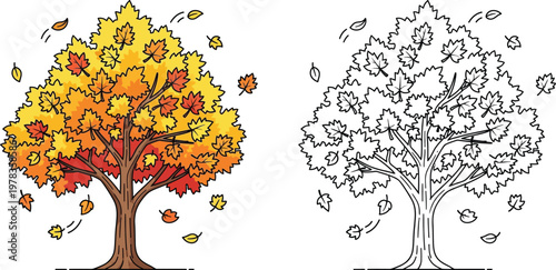 Autumn Tree with Falling Leaves Colorful Seasonal Nature Line Art Illustration