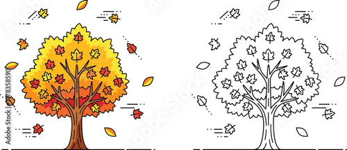 Autumn Tree with Falling Leaves Colorful Seasonal Nature Line Art Illustration