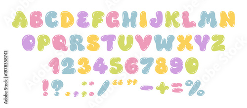Playful bubble font, pastel candy digits and letters