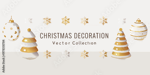 Festive christmas decorations including trees ornaments and golden snowflakes