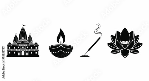 Hindu Temple Diya Lotus Incense Spiritual Vector Icons