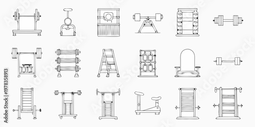 Collection of various gym equipment illustrated in a simple line drawing style