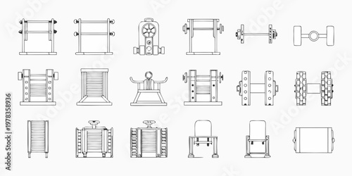 Technical drawings of various mechanical components and industrial parts