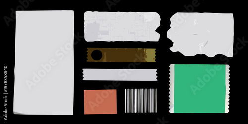 Assorted abstract paper and tape fragments on a black background