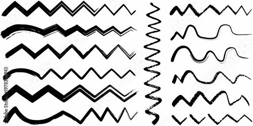 Collection of diverse black zig zag and wavy brushstroke patterns