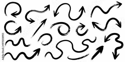 Collection of hand drawn black brushstroke arrows in various directions