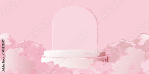 Minimalist pink archway and platform with fluffy cloud like textures