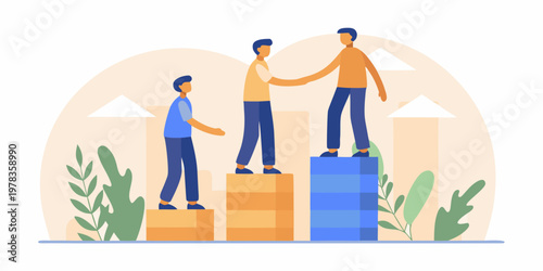 Three men standing on blocks symbolizing growth and collaboration