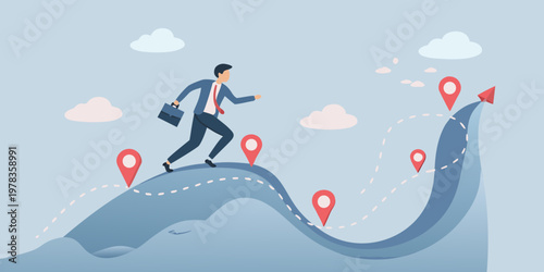 Businessman climbing an upward trending line with milestone markers