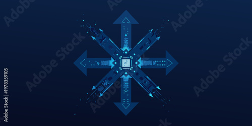 Abstract digital crossroads with glowing blue arrows on a dark background