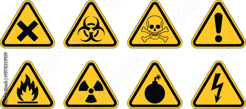 Danger warning sign icon set, black and yellow caution icons featuring poison toxic biohazard skull and chemical hazard triangle symbols for safety signage and warning graphics.