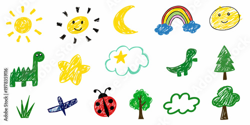 Child s drawing featuring suns dinosaurs rainbows and other playful doodles