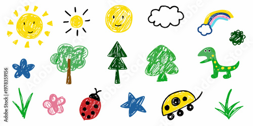 Child s drawing featuring suns trees a dinosaur and other playful elements