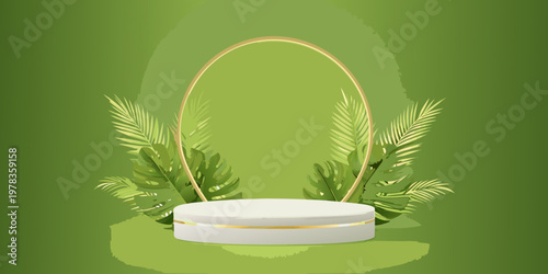 Elegant product display with tropical leaves and a golden archway