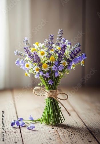 Fresh Wildflower Bouquet with Lavender and Chamomile on Wooden Table