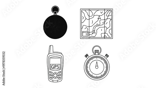 Navigational Tools: Compass, Map, GPS, and Stopwatch: An array of essential navigational instruments is depicted, representing the tools of exploration and precision.