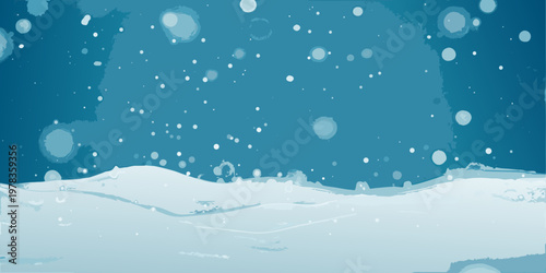 Abstract blue background with falling snow and a snowy ground