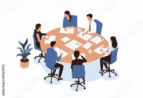 Illustration of a diverse group of professionals engaged in a collaborative meeting around a round table with documents and a potted plant, fostering teamwork and productivity.