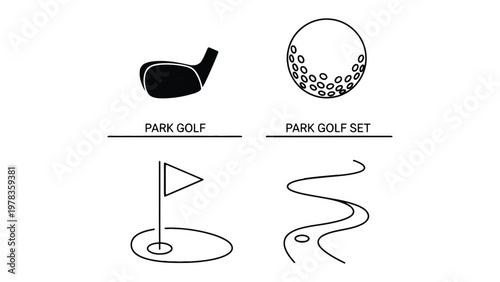 Park Golf Icons Set: A sleek, modern collection of park golf-themed icons, perfect for representing the sport and its essential elements. The set features individual elements such as ball, club.