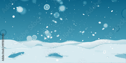 Snowy landscape with falling snowflakes and a blue gradient sky