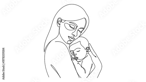 A mother tenderly embracing her child. Continuous line style. Hand drawn. Line art. Vector design. illustrations