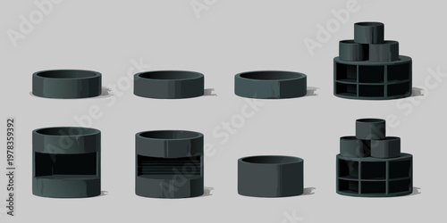 Isometric dark gray cylindrical containers and stacked shelving units