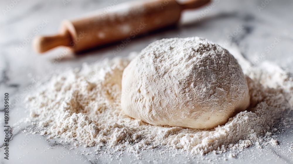 Fototapeta premium A dough ball sits on a marble surface surrounded by flour. A rolling pin is placed nearby. This scene shows the process of preparing for baking in a kitchen