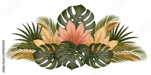 A vibrant arrangement of tropical leaves and coral colored floral elements