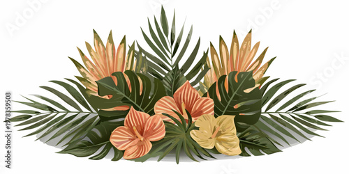 Tropical floral arrangement featuring monstera leaves and orange heliconia