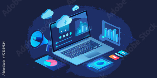 Isometric illustration depicting digital marketing and data analytics concepts