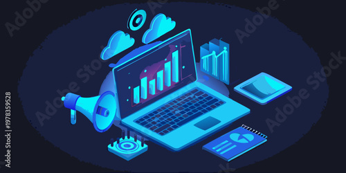 Digital marketing concept with data analysis and cloud computing elements