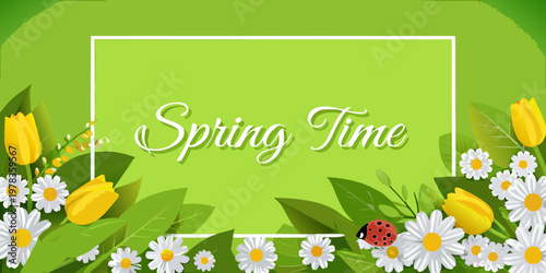 A vibrant spring time illustration featuring flowers a ladybug and text