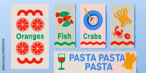 Stylized illustrations of food items including oranges fish pasta and crabs