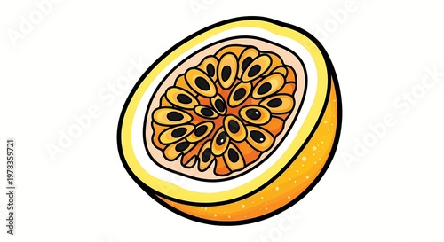 A vibrant illustration depicts a halved passion fruit showcasing its textured orange rind and seed filled pulpy interior high quality professional detailed modern elegant stylish clean