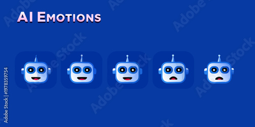 Ai emotions a series of blue robots displaying varying facial expressions
