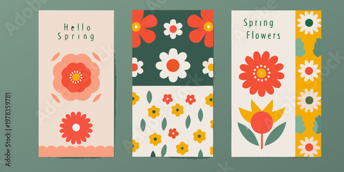 Three colorful vertical banners celebrate the arrival of springtime and flowers