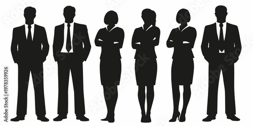 A group of six professionals standing in a row depicted in silhouette