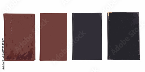 Four antique books stand in a row displaying varying spine colors