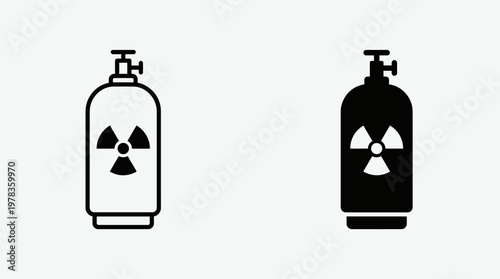 Minimalist hazardous material icons, gas cylinder with radiation trefoil, outline and filled styles, universal safety signage, danger awareness design.