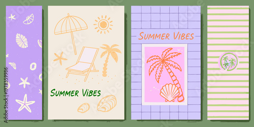 Four colorful summer themed story highlight covers with doodles and text